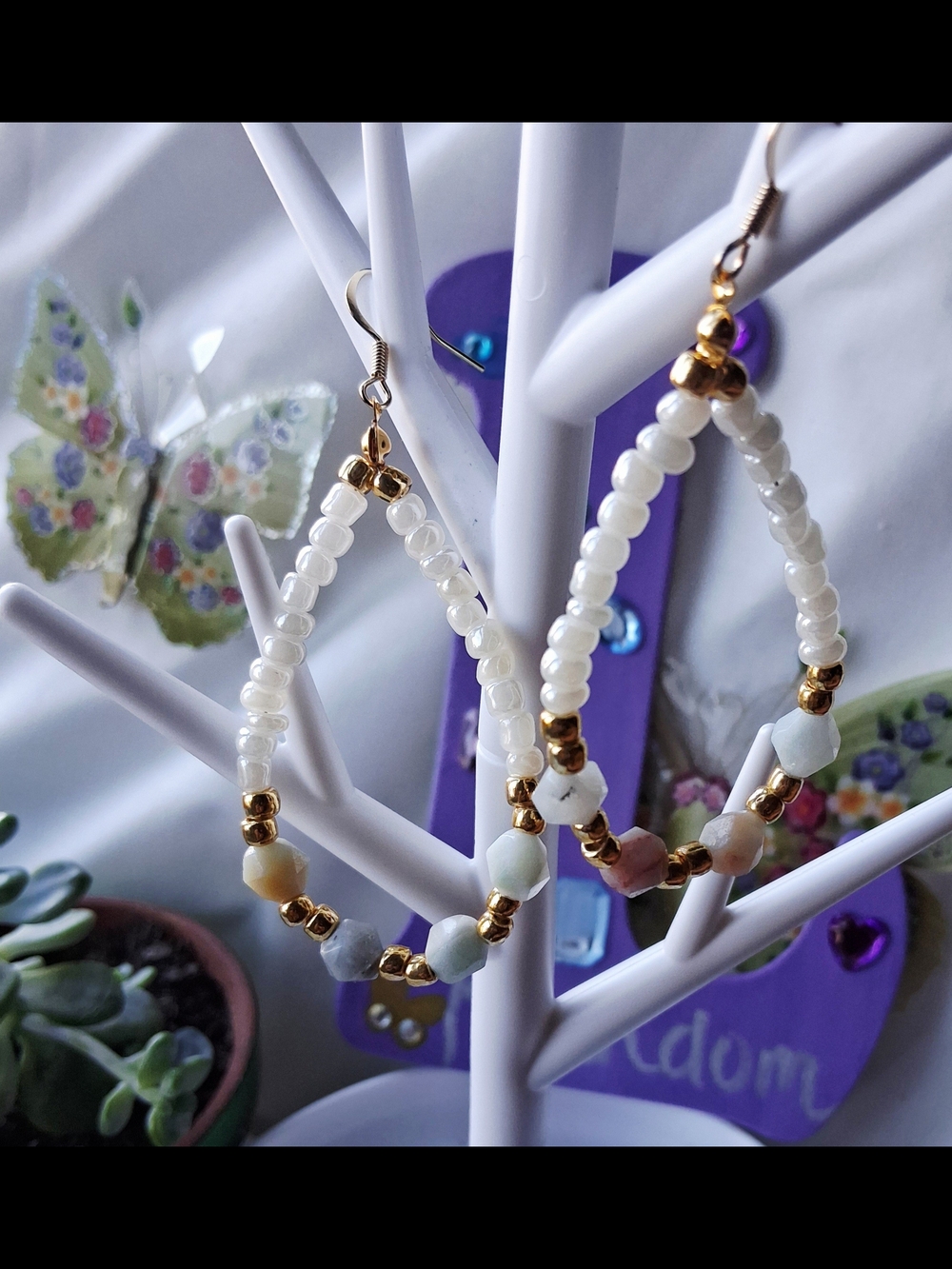 Beaded Amazonite, White and Gold Hoop Earrings - Handmade